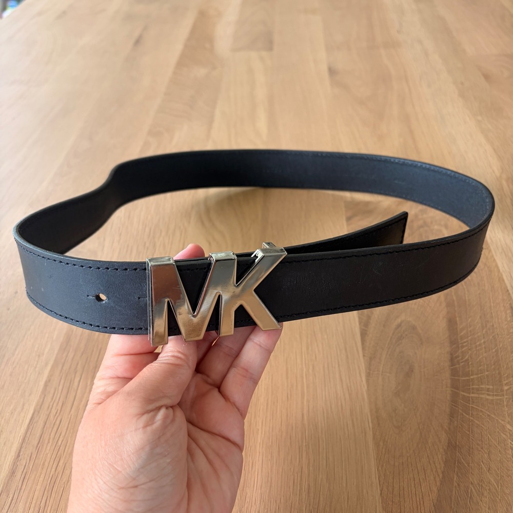 Michael Kors Monogram MK Silver Black Leather Belt Size L/XL 43" Statement